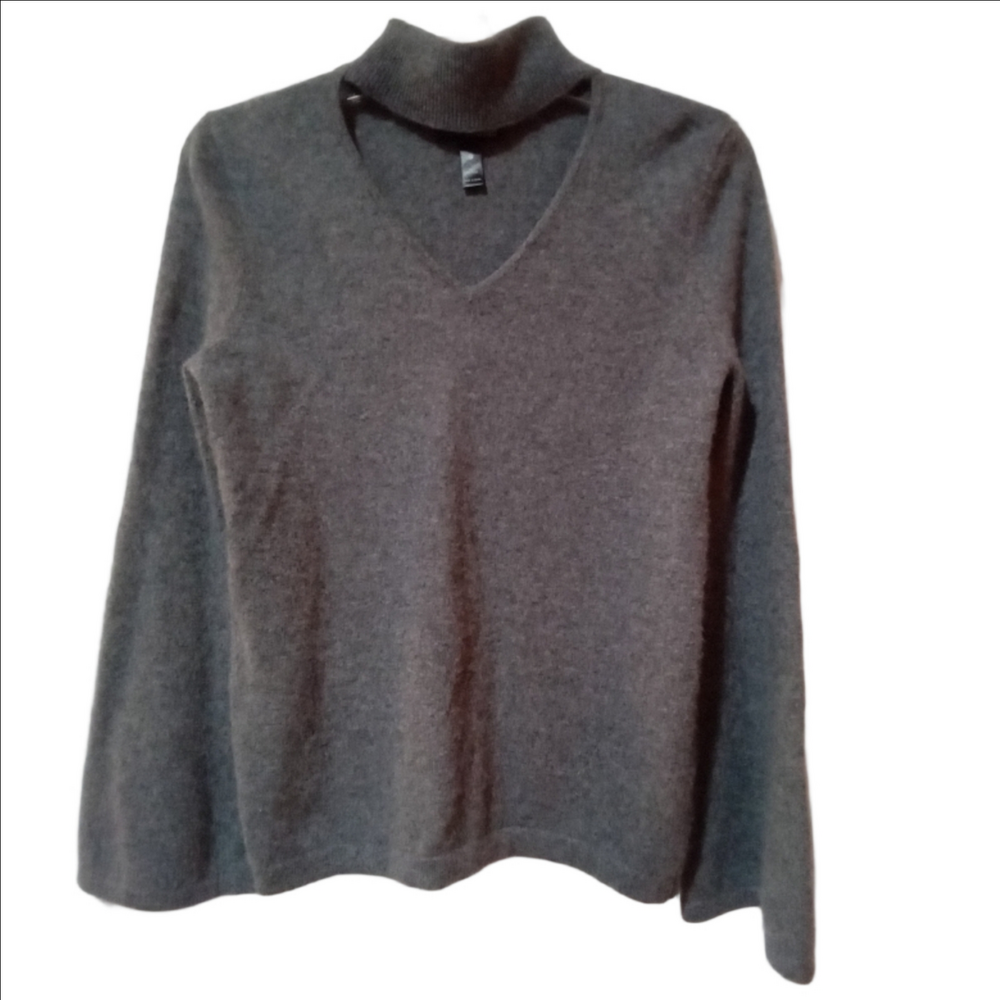 Bloomingdales Aqua Gray Cashmere Turtleneck Vneck Sweater Size S